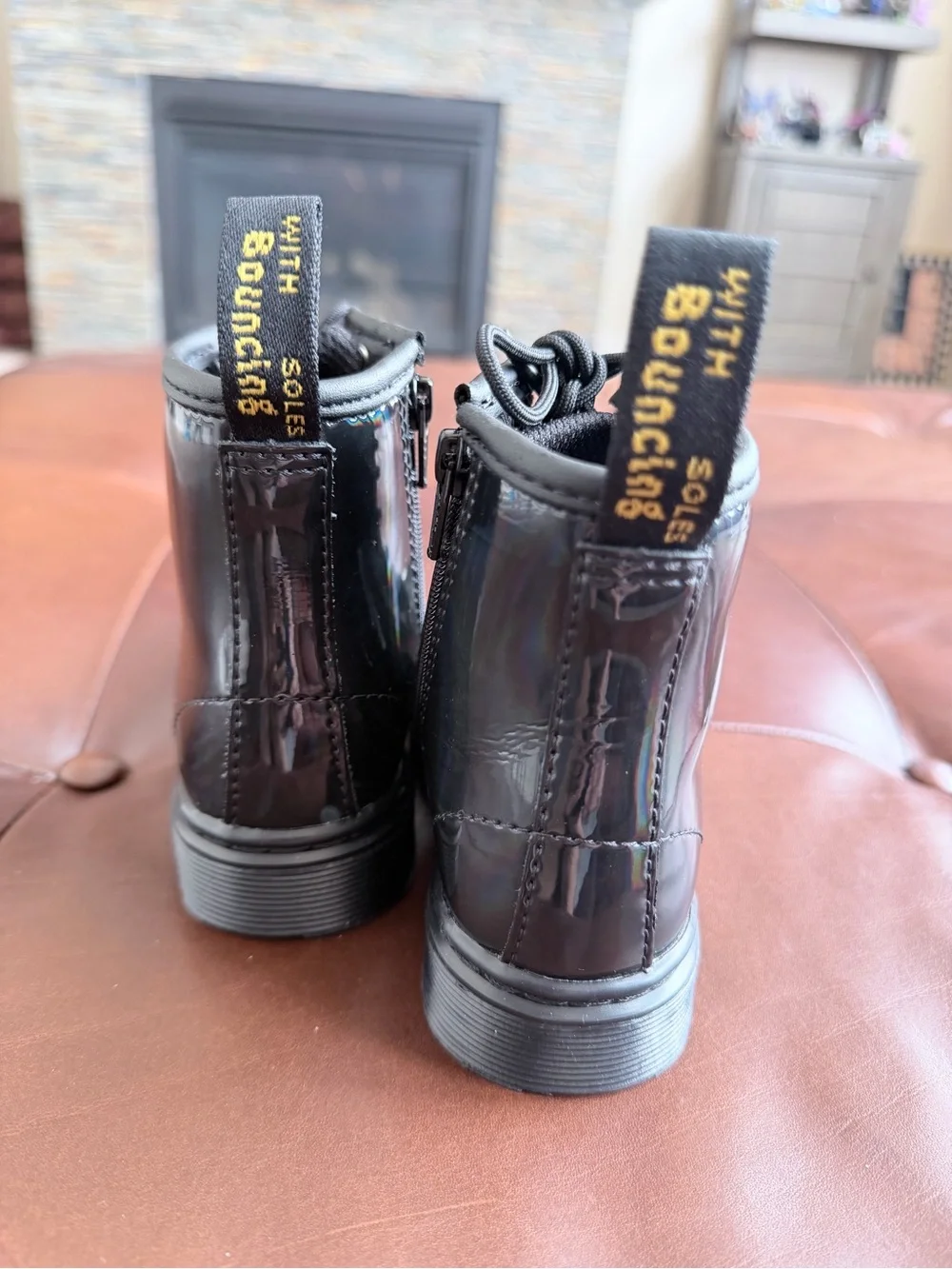 Doc Martens Black Patent Combat Boots with Back Loop